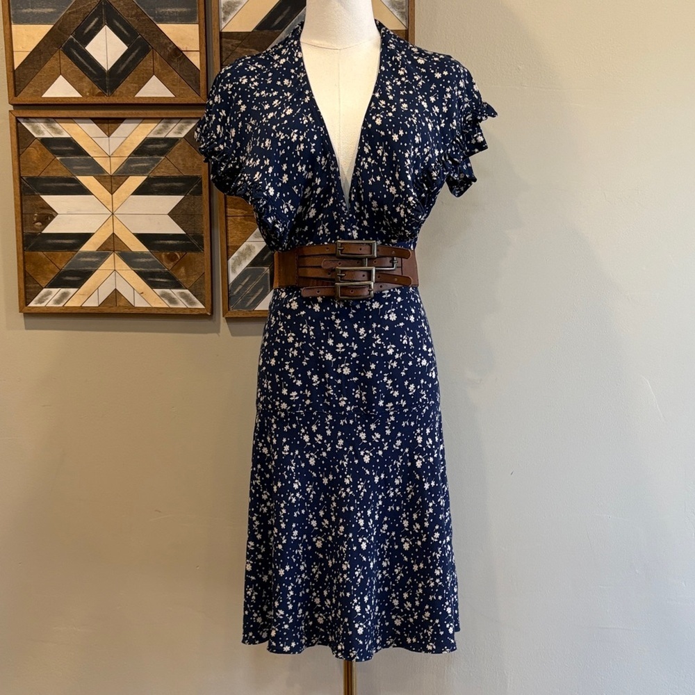 Ralph Lauren Double RL Vintage 70s Inspired Navy Blue Floral Dress 2 / Small